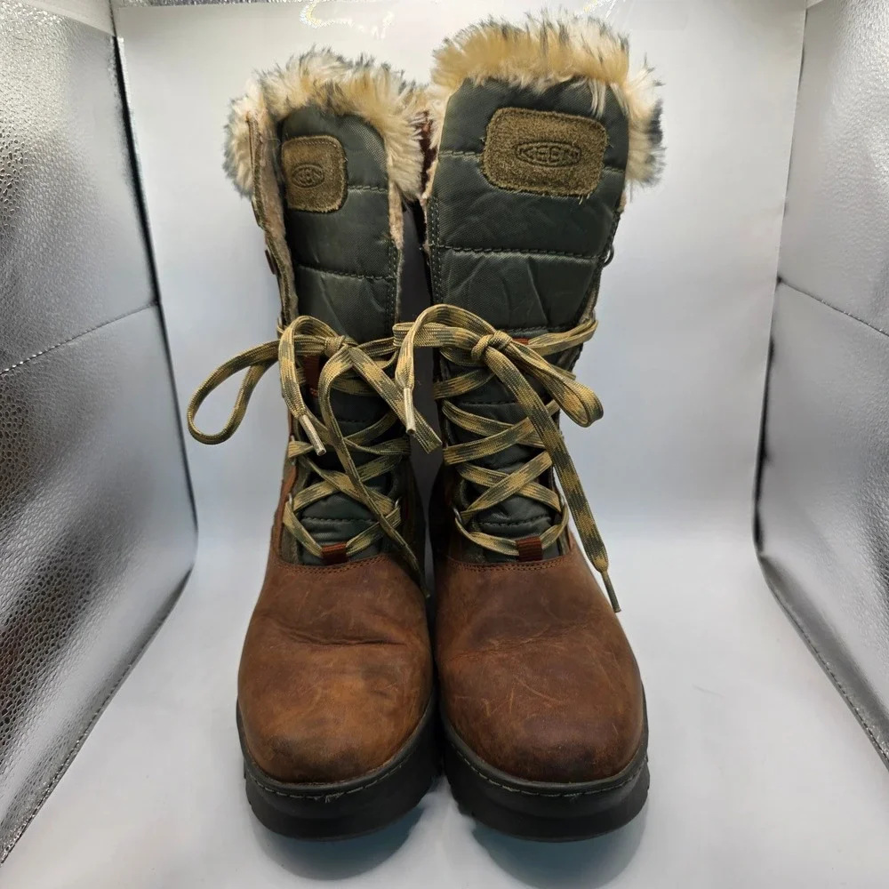 Keen Womens Wapato Boot Size 9.5 Tall Waterproof Brown Leather Lace Up Sherpa